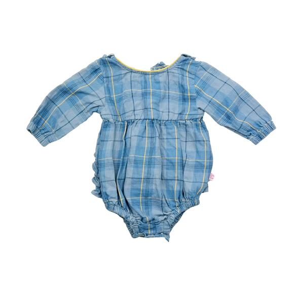 RuffleButts Blue Plaid Ruffle Romper - Picture 1 of 5